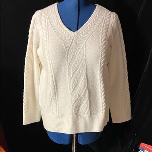 Talbots V-Neck Cable Knit Sweater - White